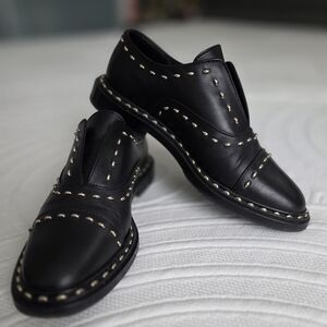 AGL Black Leather Stud-Trim Slip-On Loafers